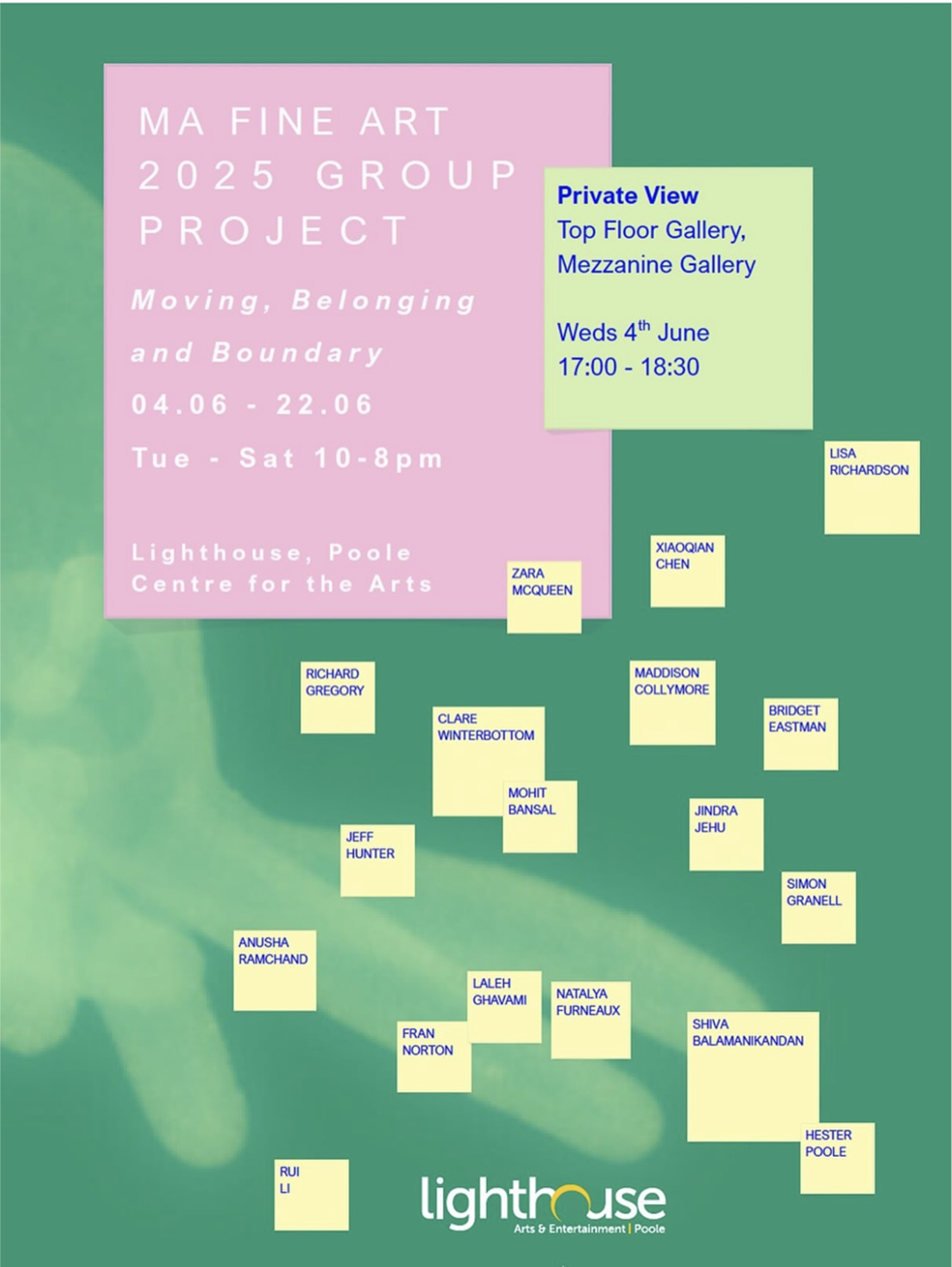 Green gradient background with pink rectangular text block and scattered yellow squares containing artist names for MA Fine Art exhibition.