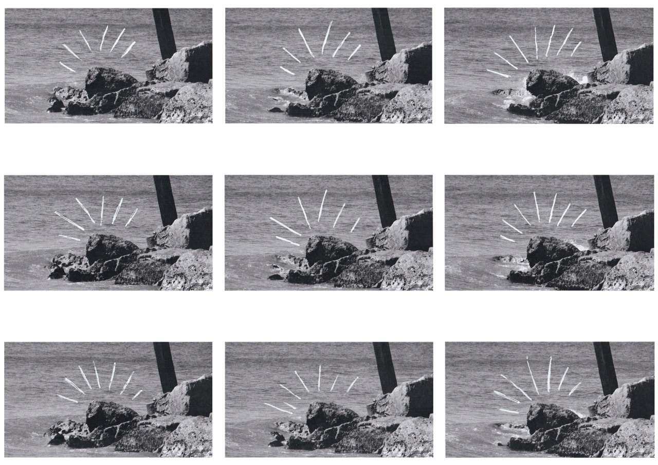 Nine-panel grid showing grainy black and white images of dark rocky formation with white radiating lines, dark vertical element on right.