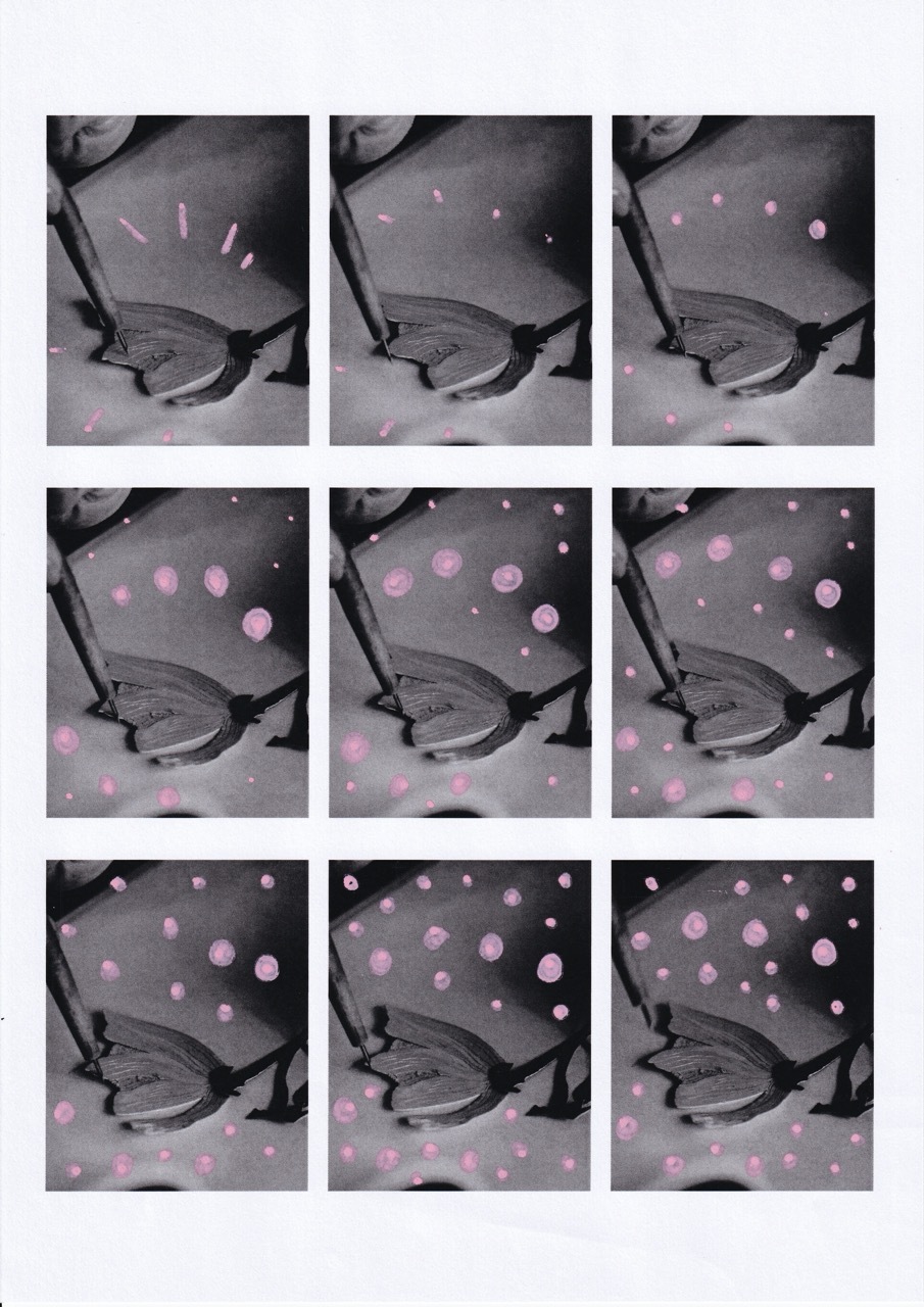 Nine-panel grid showing paintbrush and painted flower, greyscale, with progressively increasing pink and white circular dots scattered throughout each frame.
