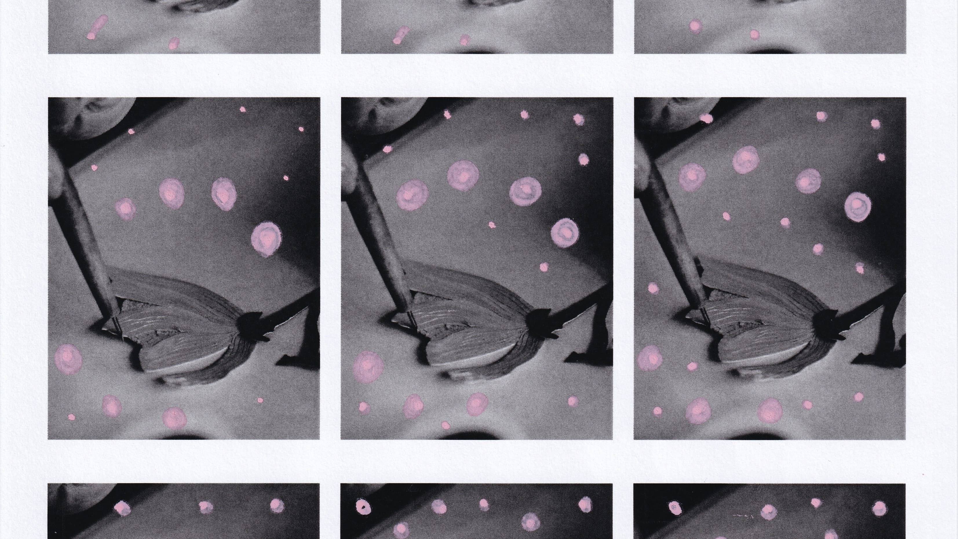 Grid of nine panels showing grey paint on dark background with varying amounts of pink and white circular dots scattered throughout each frame.