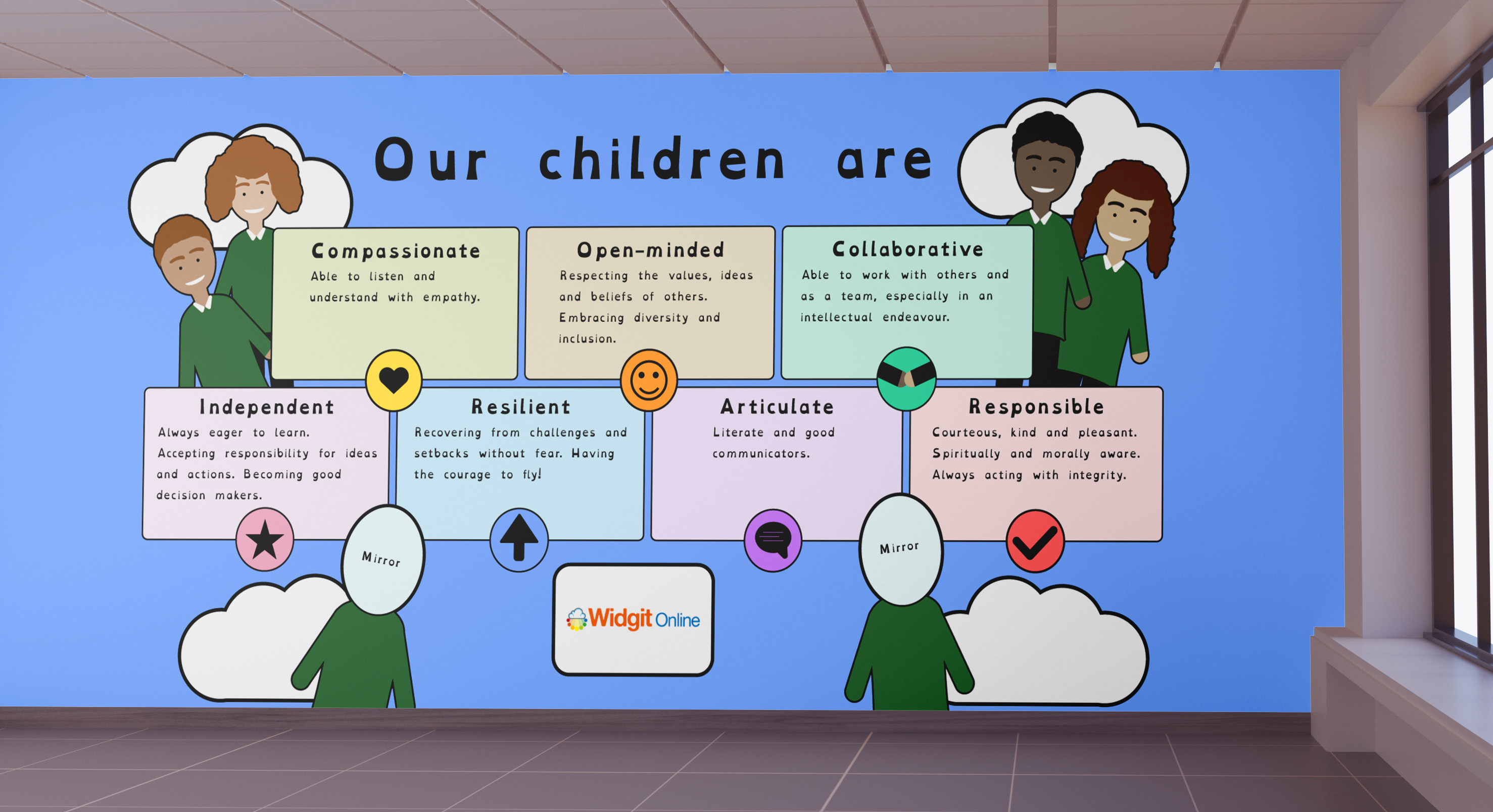 Blue wall display titled 'Our children are' with six coloured boxes containing text about student qualities, decorated with cartoon children figures in white cloud shapes