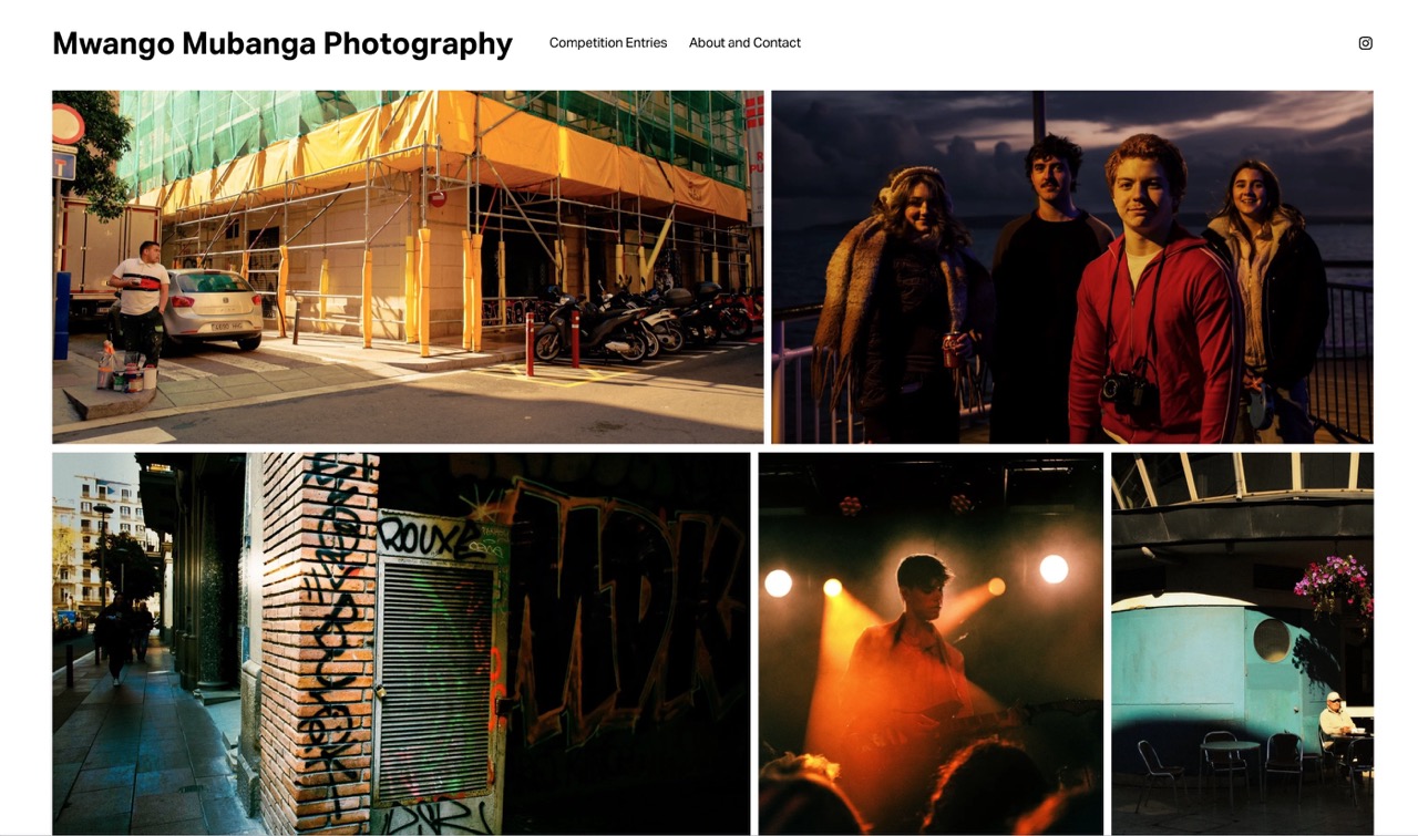 Website screenshot titled 'Mwango Mubanga Photography' with selection of orange/blue colour photos of people, lights, architecture.
