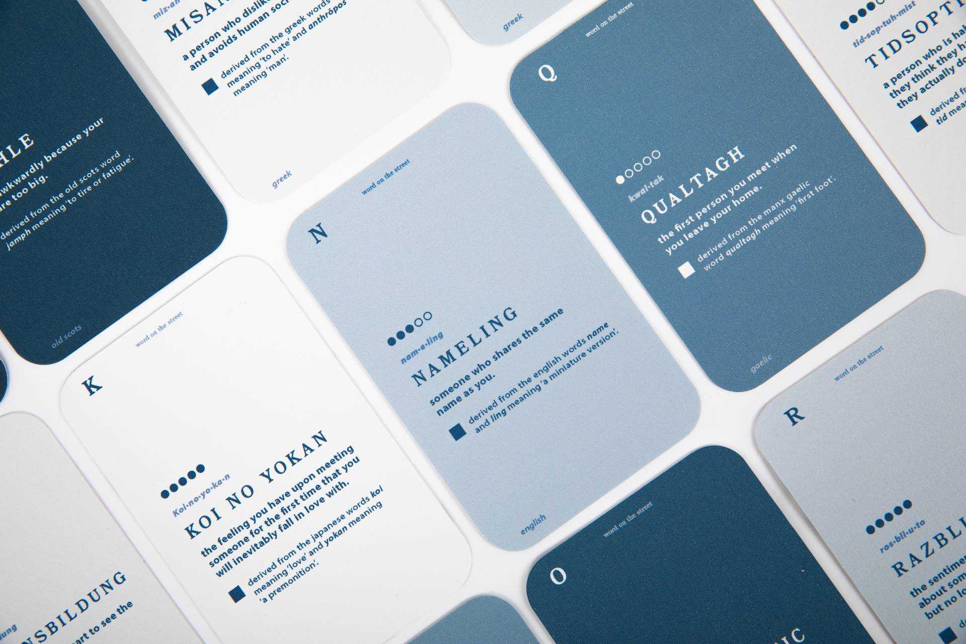 A series of cards with a different word and information on them. Words visible include "Koi No Yokan", "Nameling", and "Qualtagh".