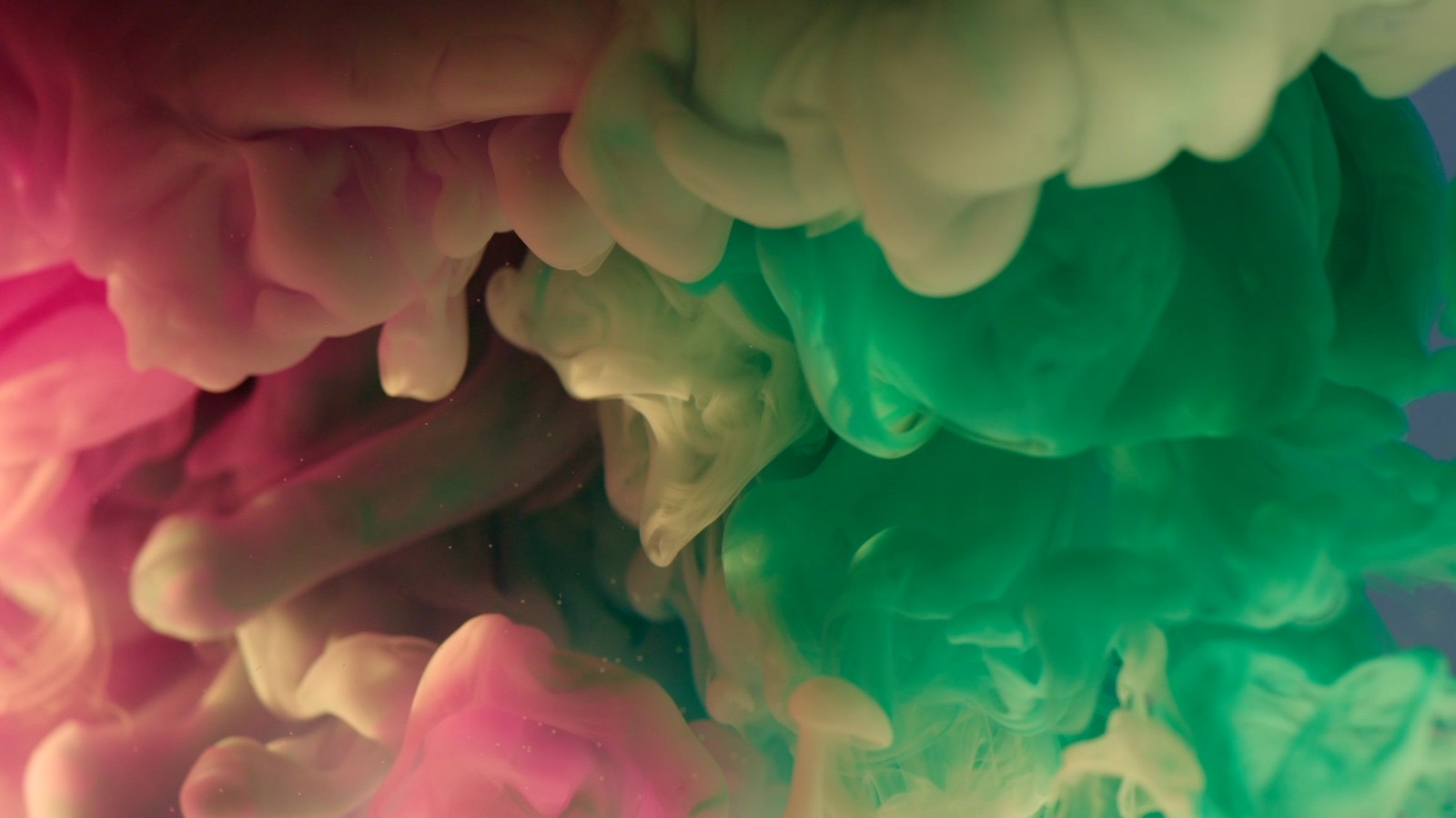 Swirling clouds of pink and green liquid pigment blend together, creating a vivid abstract pattern. The colours appear soft and fluid against a dark background, showcasing a mix of hues in motion.