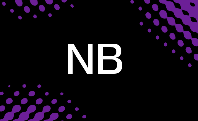 Black and purple banner with the white text "NB" in the centre.