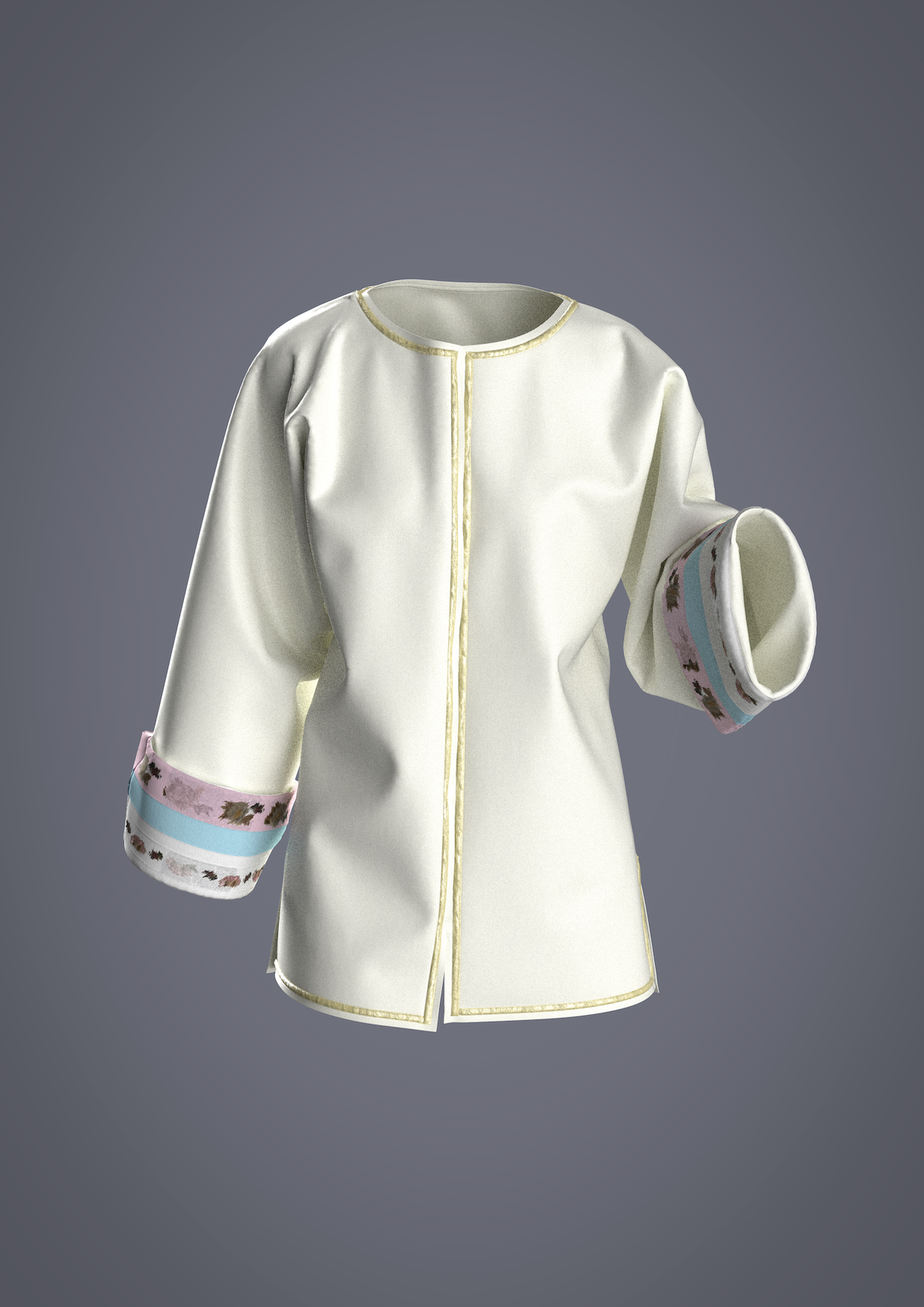 Digital new Chinese-style top with one sleeve hanging down, the other raised halfway.