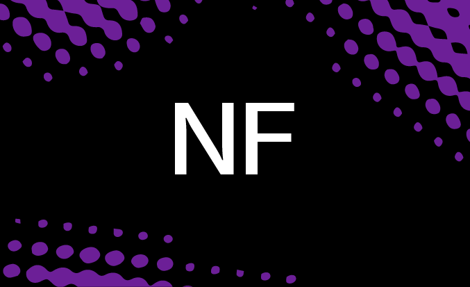 Black tile with purple pixellated accents and the initials NF in the centre.