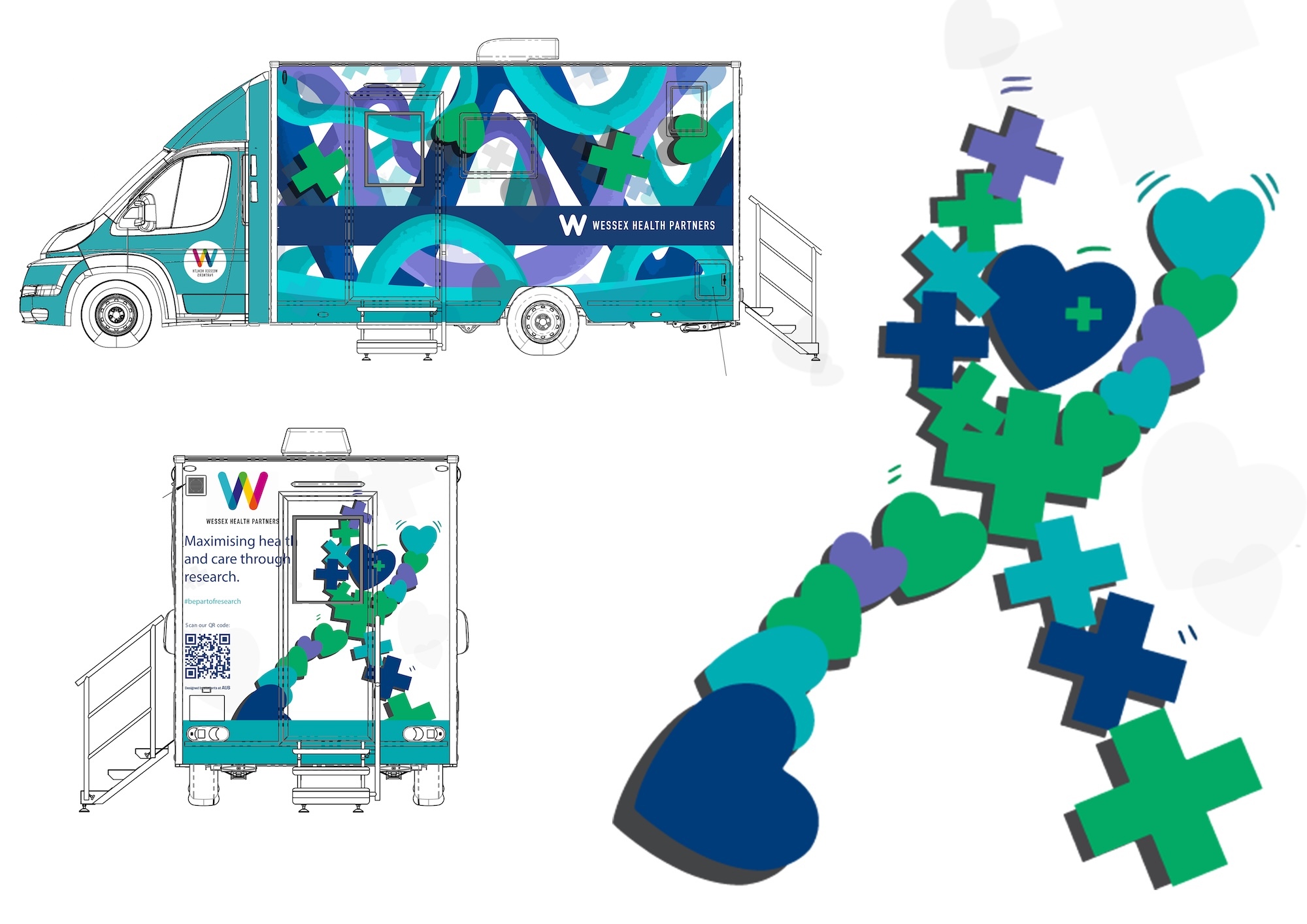 Van design featuring geometric blue, green, and teal plus signs and triangular shapes. Shows side, rear, and pattern detail views.