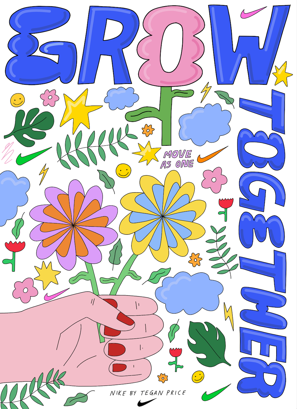 Illustration with blue text that reads 'grow together' with a hand holding flowers, colourful flowers, plants and clouds surrounding.