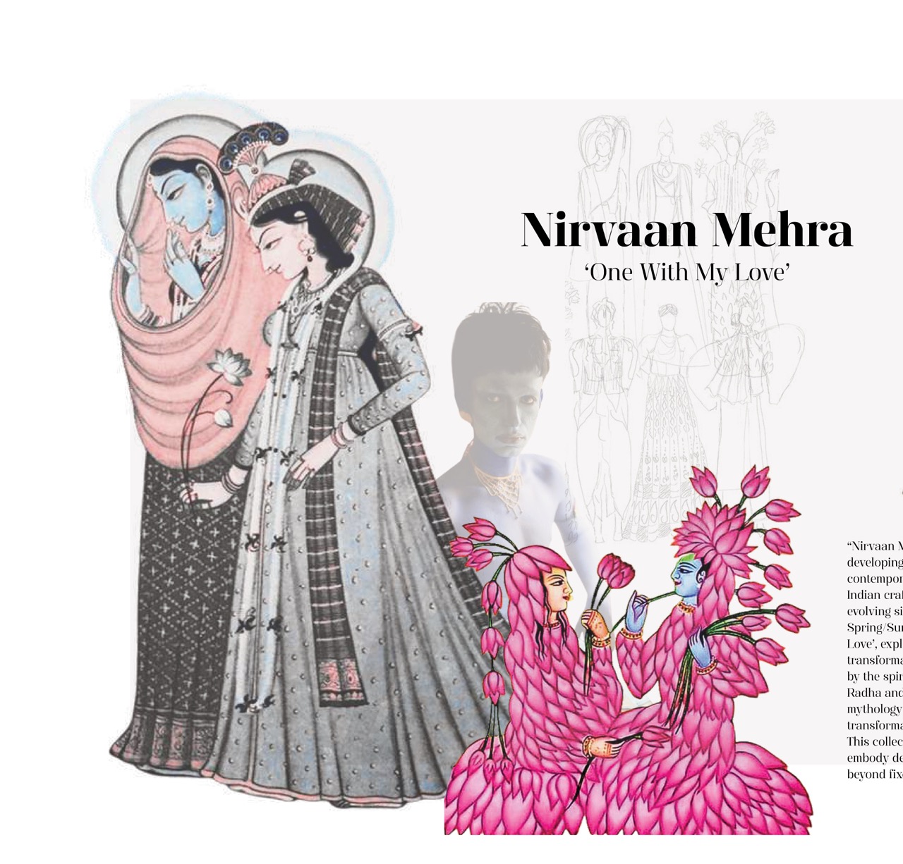 Illustrated fashion artwork titled ‘Nirvaan Mehra – One With My Love’, showing two stylised figures in ornate traditional dress, with pink floral costume sketches in the foreground and faint design drawings behind.