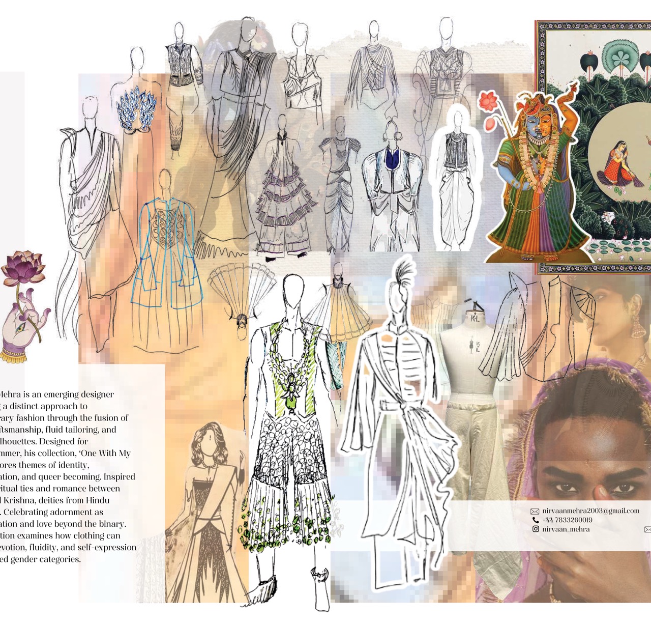 A fashion mood board shows sketched outfit concepts, a colourful illustrated figure and a designer portrait, with a short text block on the left.