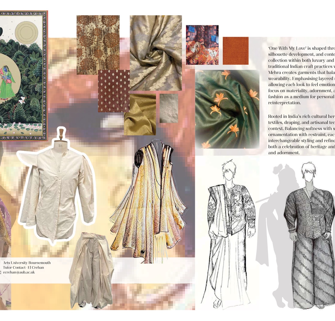 A fashion mood board featuring beige and gold garments, fabric swatches and sketches, with decorative textile patterns and a block of descriptive text on the right.