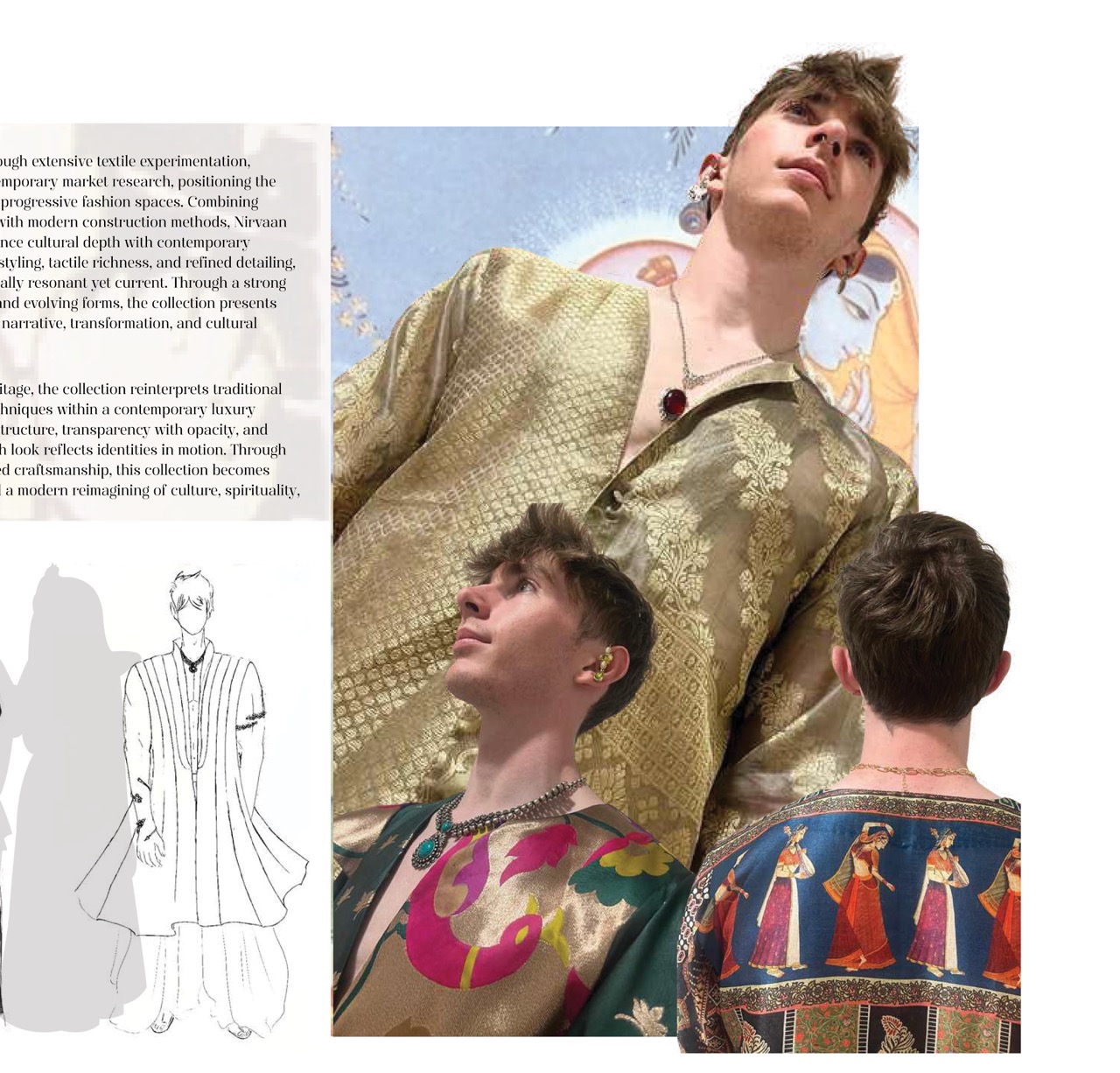 Three young men model ornate patterned jackets, with a sketch and text panel on the left and a pale sky backdrop behind them.