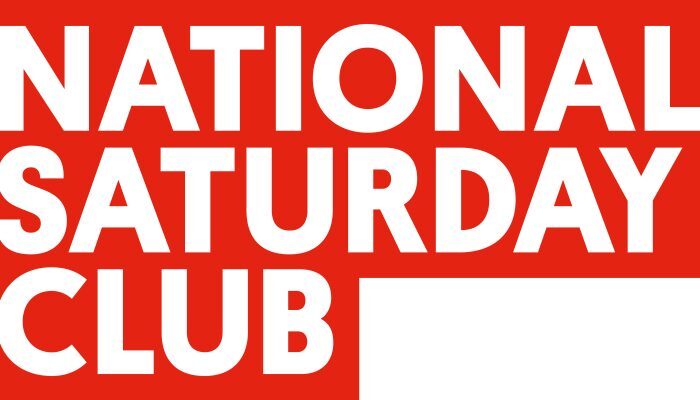 Bold white text reading "NATIONAL SATURDAY CLUB" on bright red background, arranged in three lines with large sans-serif typography.