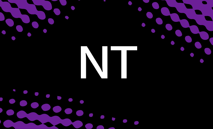 Black and purple banner with the white text "NT" in the centre.