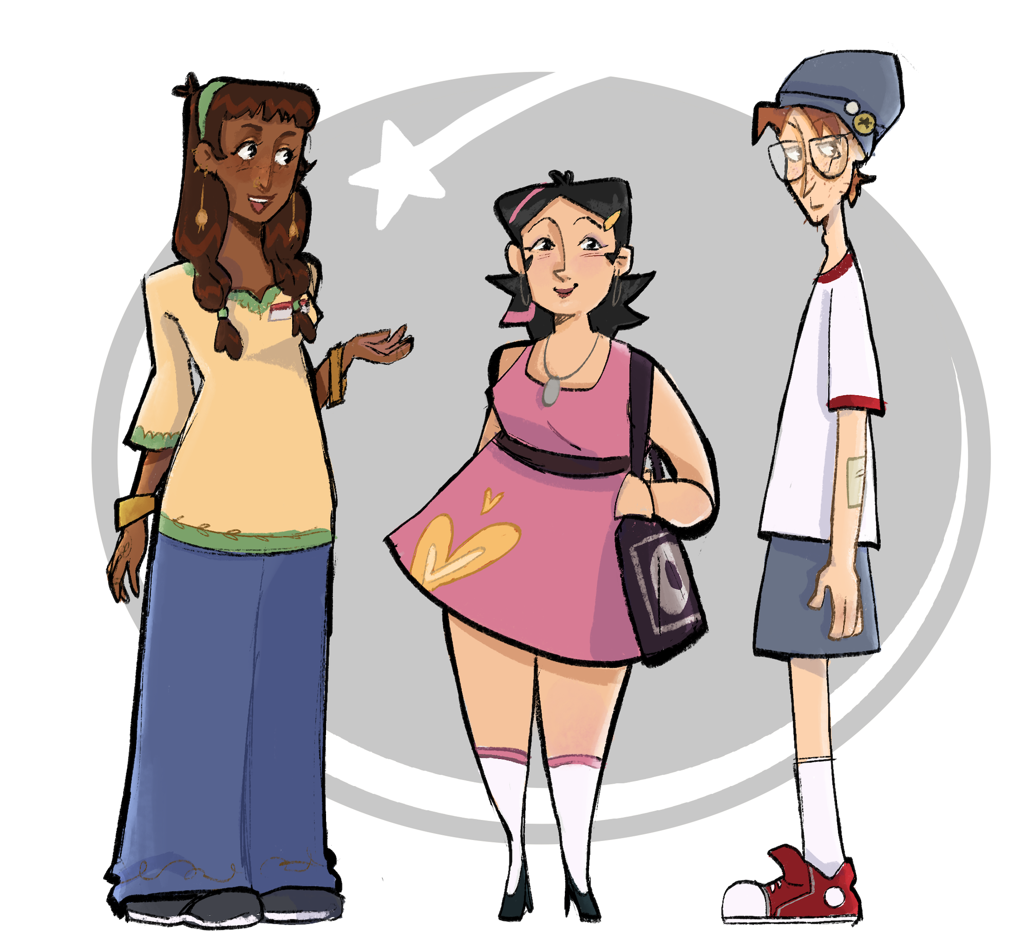 Illustration of three different characters, grey star background.