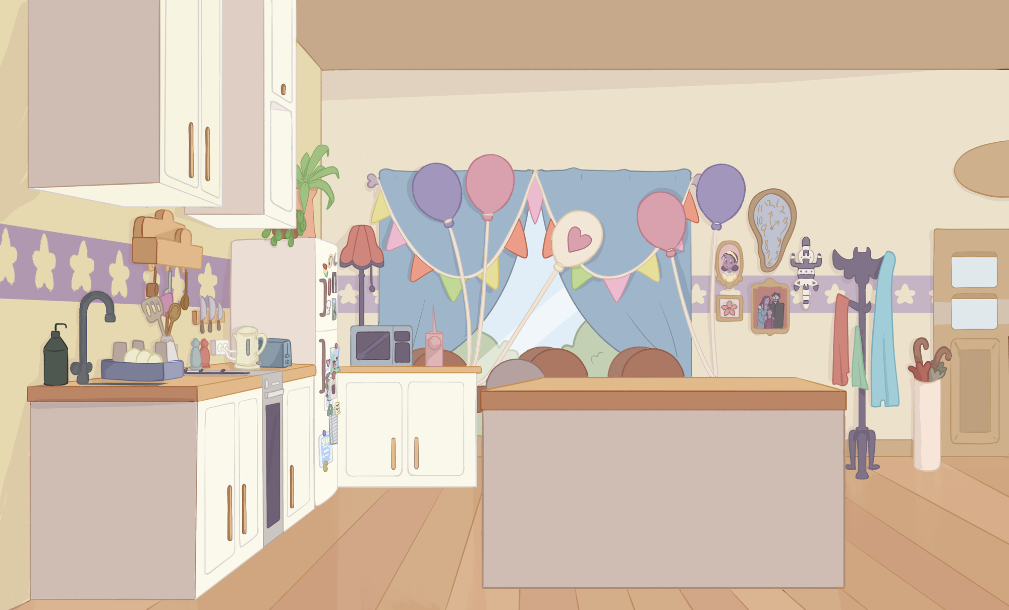 Illustrated kitchen scene with birthday decorations, including bunting and balloons, soft pastel tones.