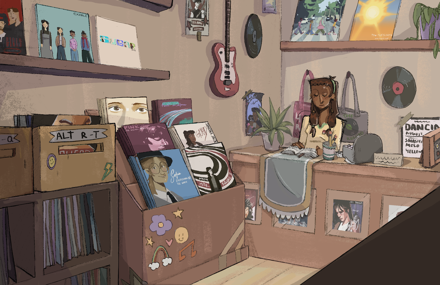 Illustrated scene of record shop interior, woman sat behind counter smiling, quirky decorations.