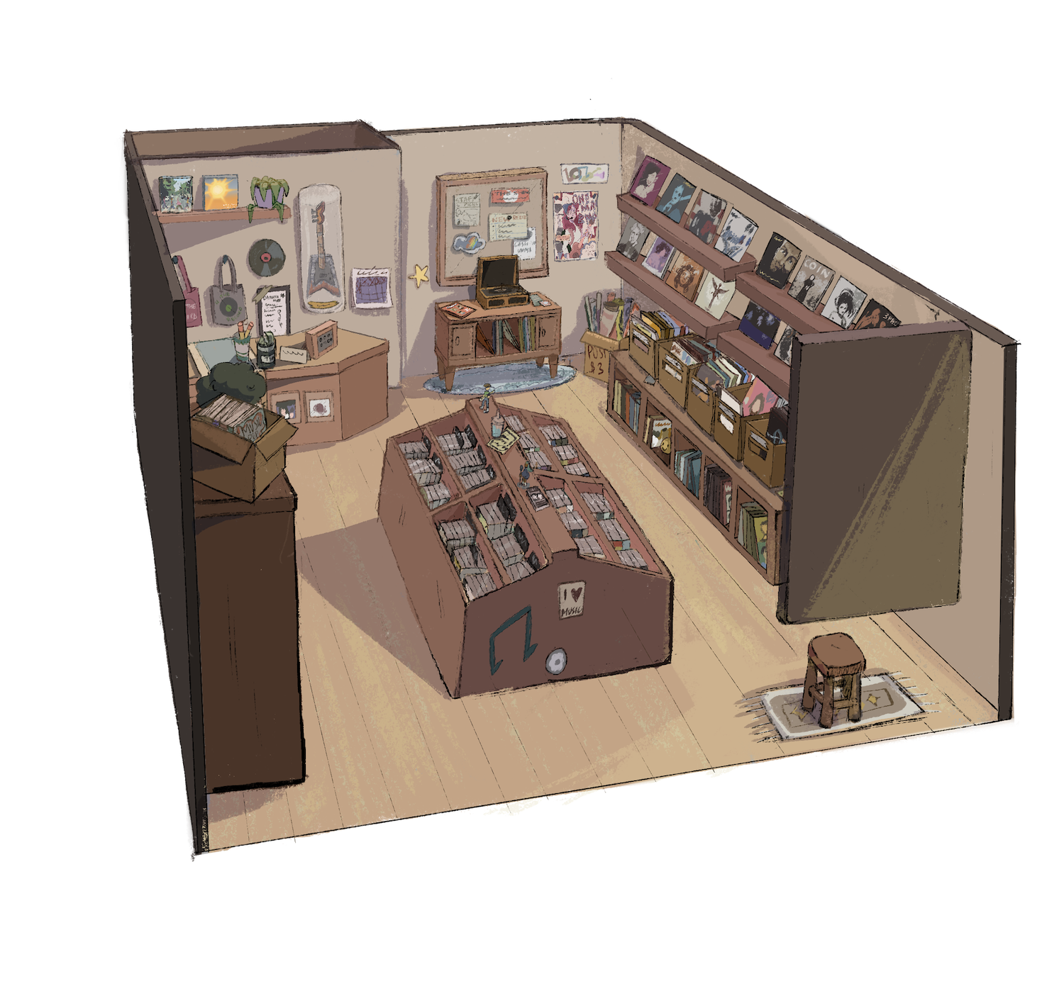 Bird's-eye view of illustrated record shop interior, middle section, wooden floor and wooden shelving full of records.