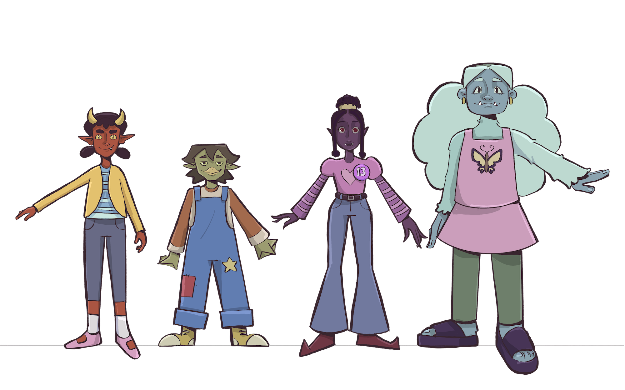 Sketches of four colourful, fantasy-inspired characters with horns and fangs.