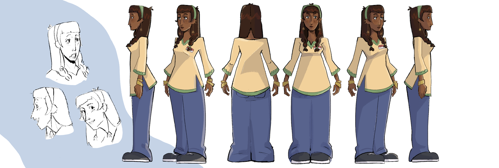 Turnaround of character wearing a yellow top and blue baggy trousers, sketched expressions on the left.