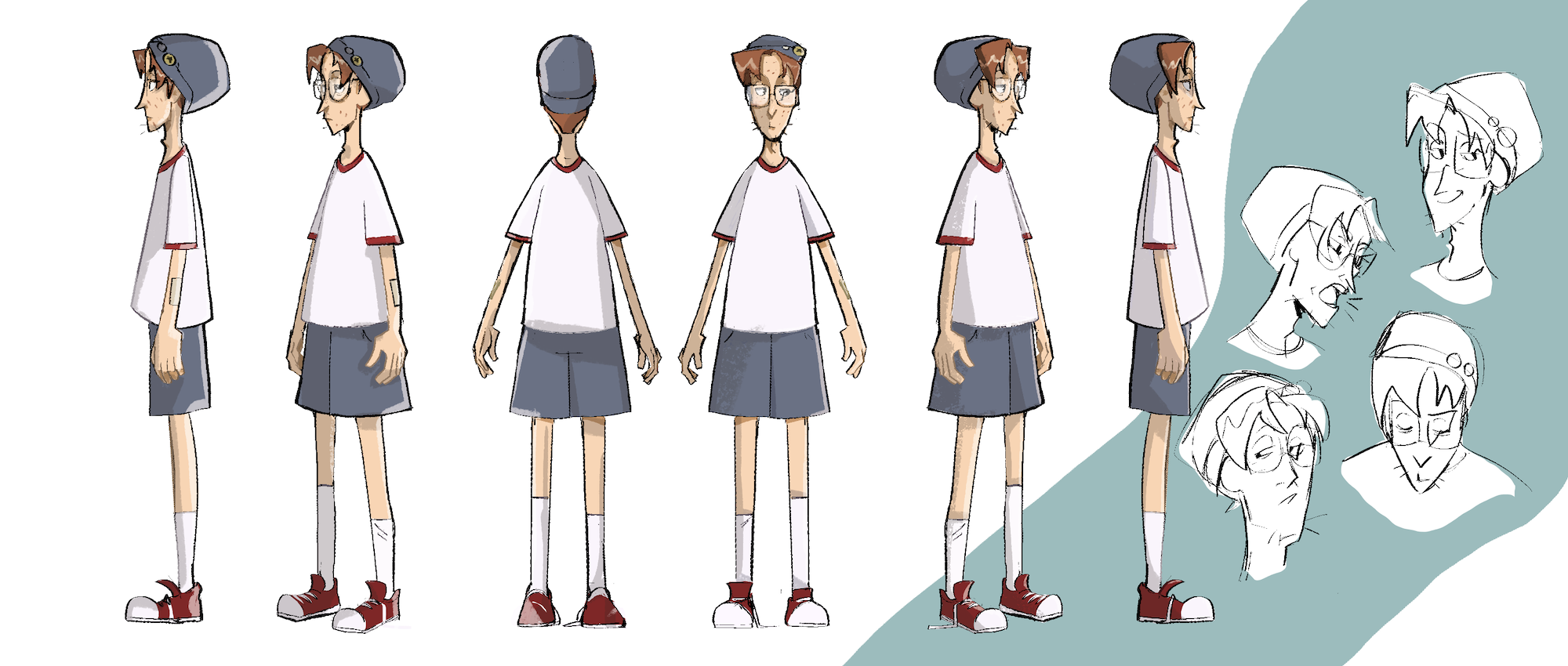 Illustrated turnaround of character wearing beanie, white top and shorts with red shoes, sketched expressions on the right.