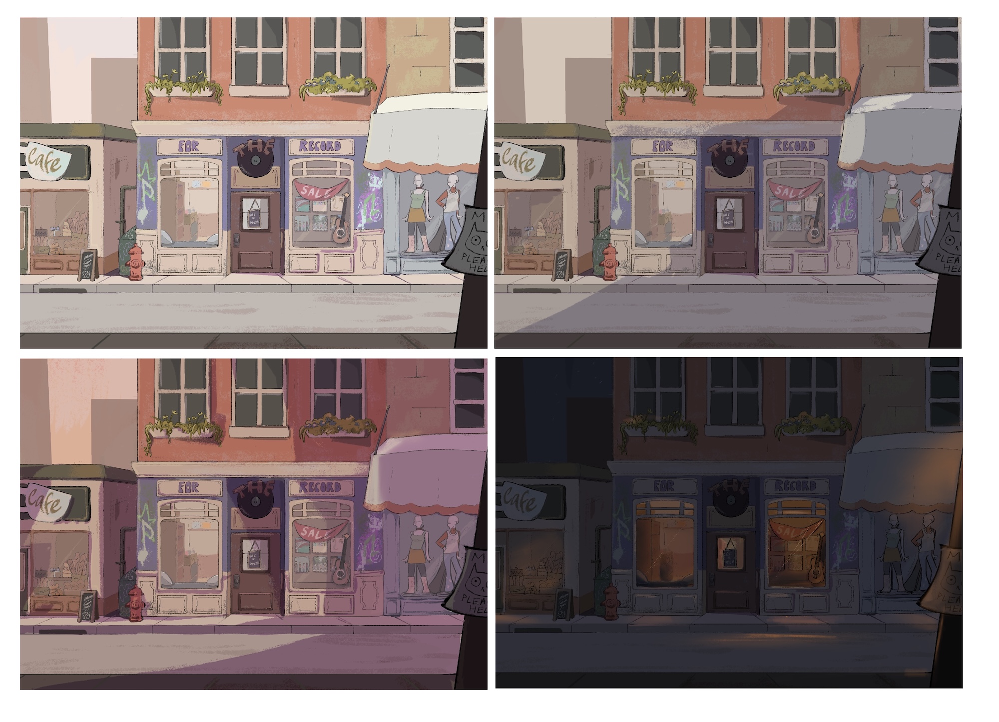 Four illustrations of purple record store exterior at different times of day: afternoon, early evening, late evening and night.