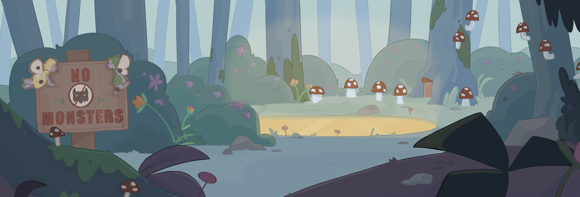 Panorama illustration of fantasy forest scene, sign reads 'no monsters' with glowing golden lake and red mushrooms.