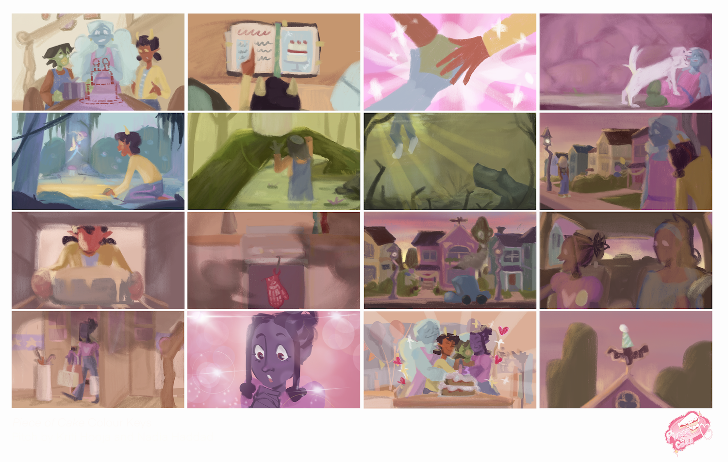 Multiple storyboard illustrations of characters in forest, home and fantasy settings, pink and green.