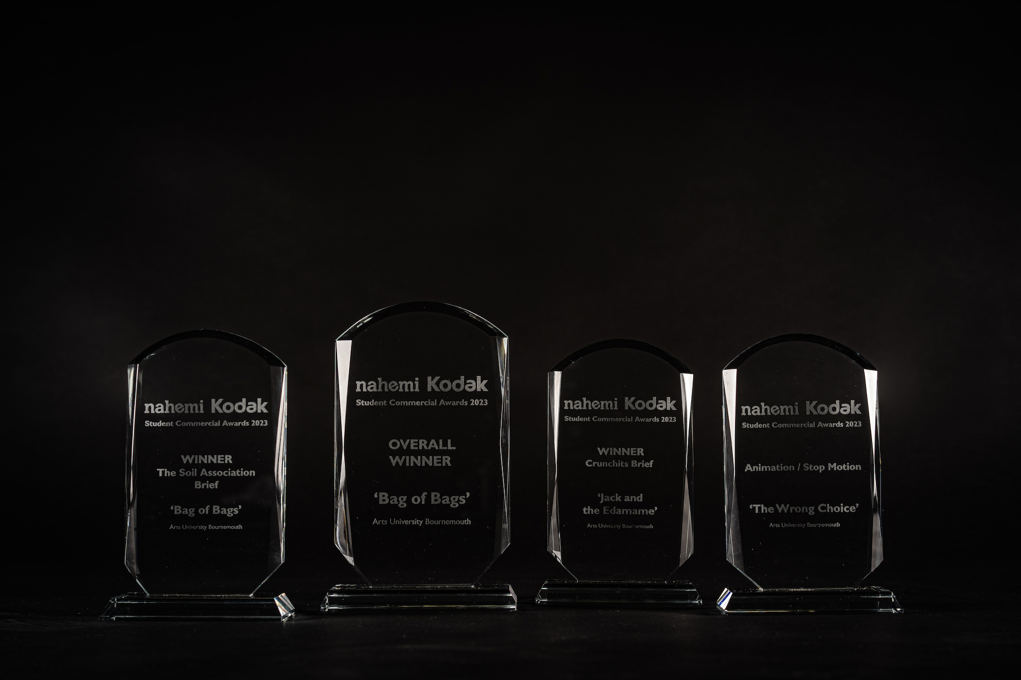 A row of four glass trophies from the 2023 NAHEMI-Kodak awards.