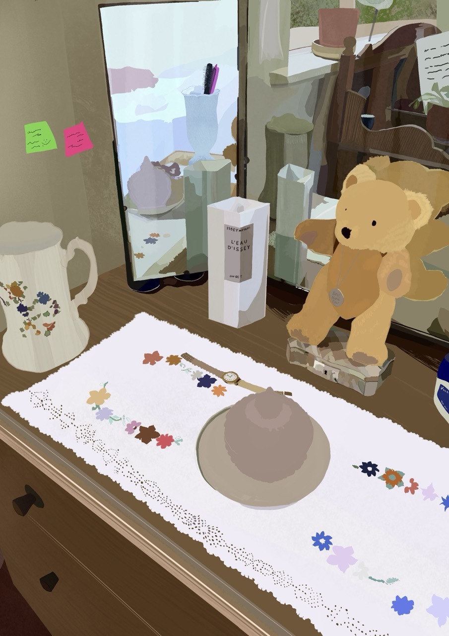 Illustration of a table with sentimental items – a teddy bear, perfume, mirror, hat and floral tablecloth.