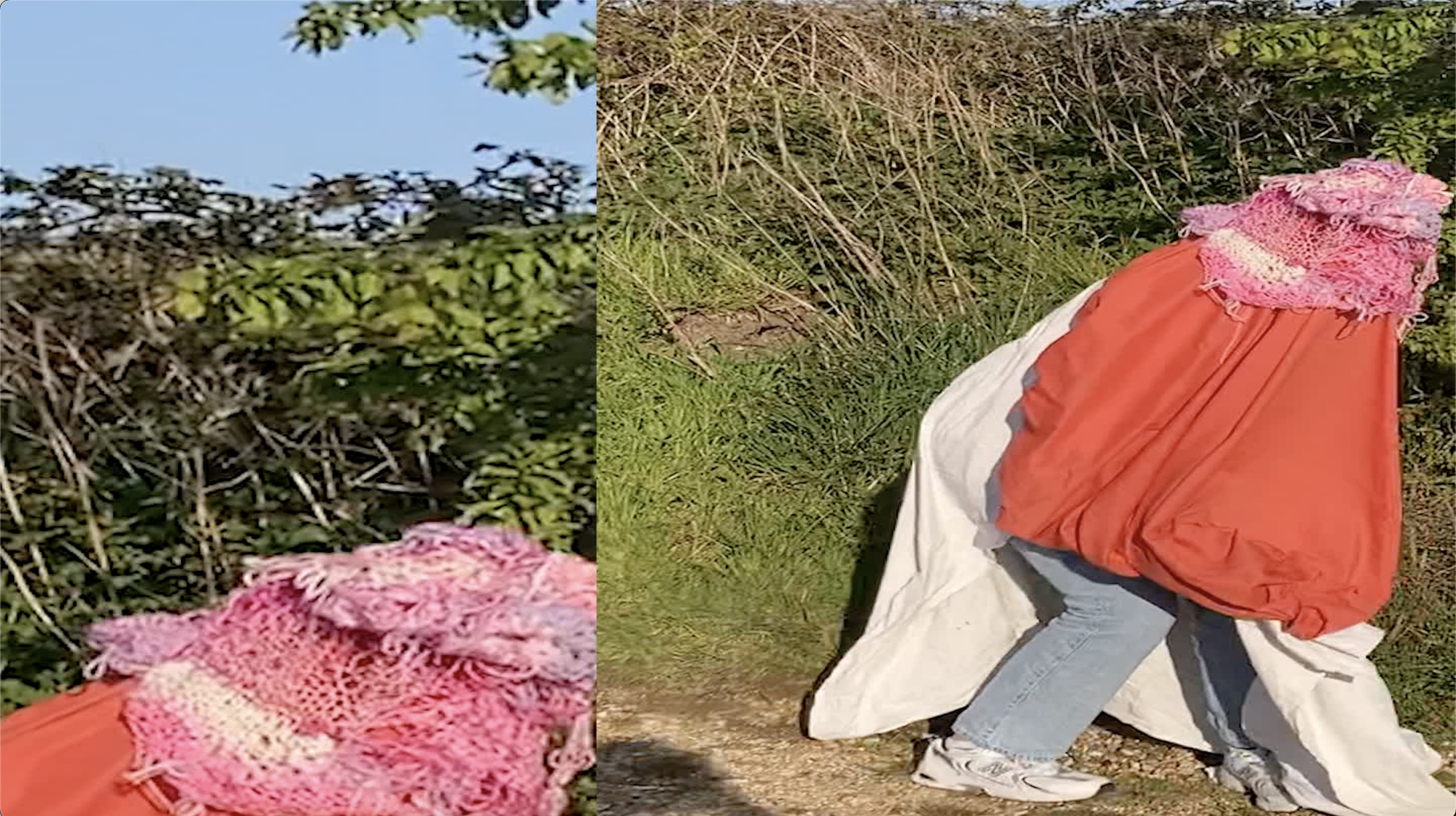 two images, one cropped into a specific section and the other showing a person wearing multiple layers of textiles over their body