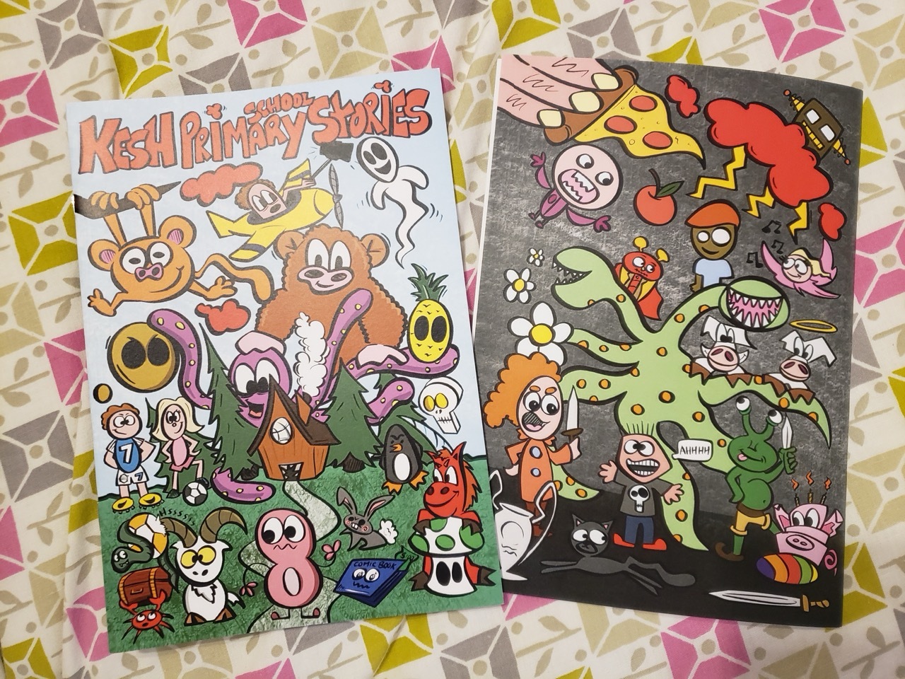 A colourful anthology magazine with characters, titled 'Kesh Primary School Stories'.