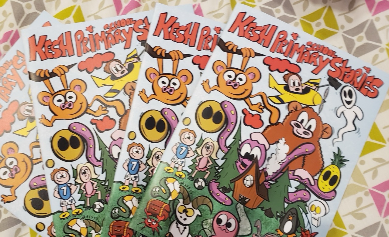 A collection of Naomi's anthologies with colourful characters, titled 'Kesh Primary School Stories'.