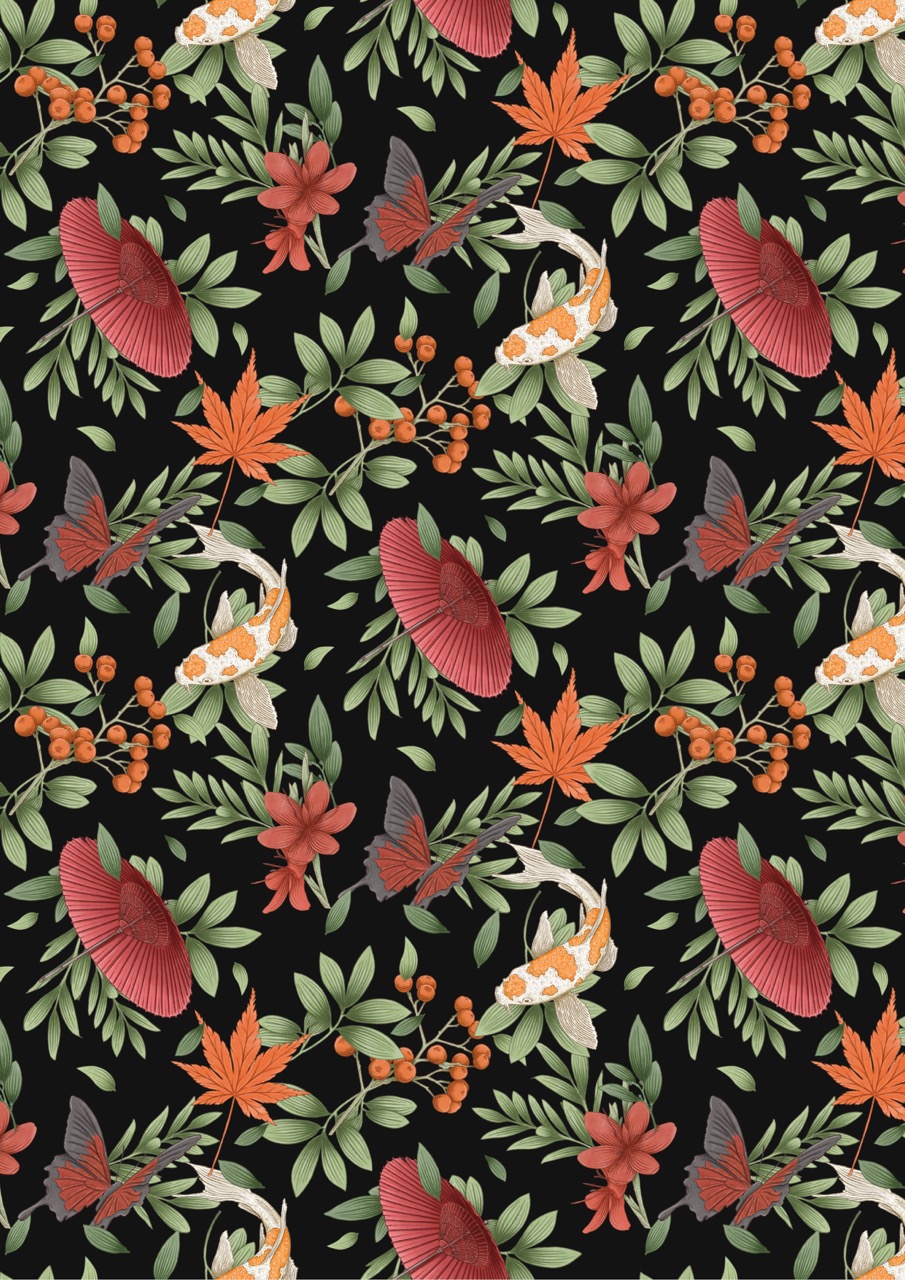 A seamless repeating pattern of orange koi fish, red butterflies and autumn leaves on a black background with green foliage.