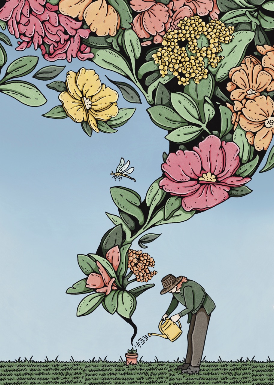 An illustration of a man watering a potted flower shaped like a large blooming tree, with colourful blossoms and a small bee against a blue sky.