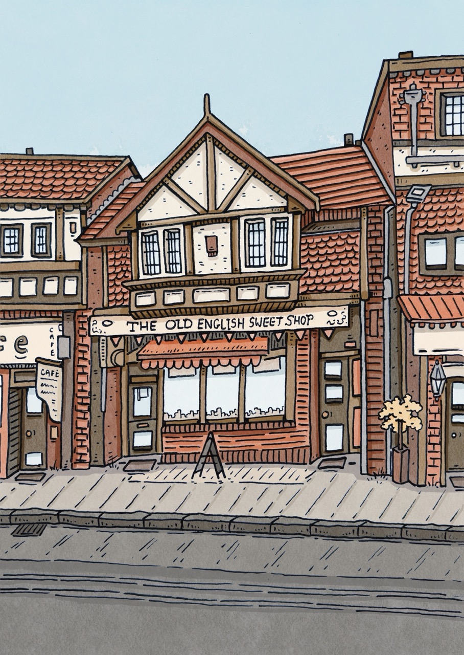 Illustration of The Old English Sweet Shop storefront with a red tiled roof, timber-framed facade and striped awning, shown along a paved street.