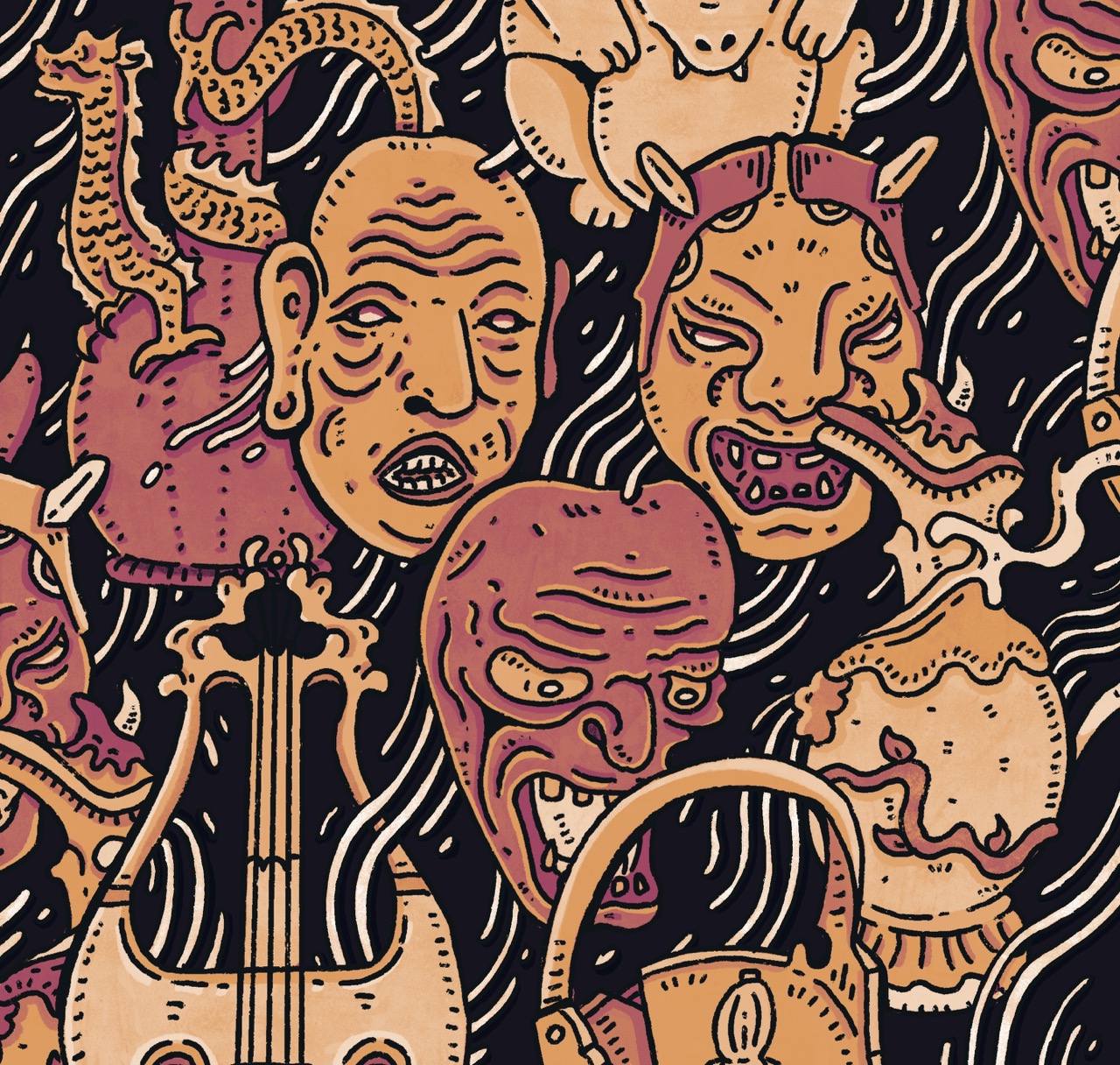 A repeating illustrated pattern of distorted human faces, snakes and teeth in pink, orange and black tones, with a stringed instrument and padlock shapes in the foreground.