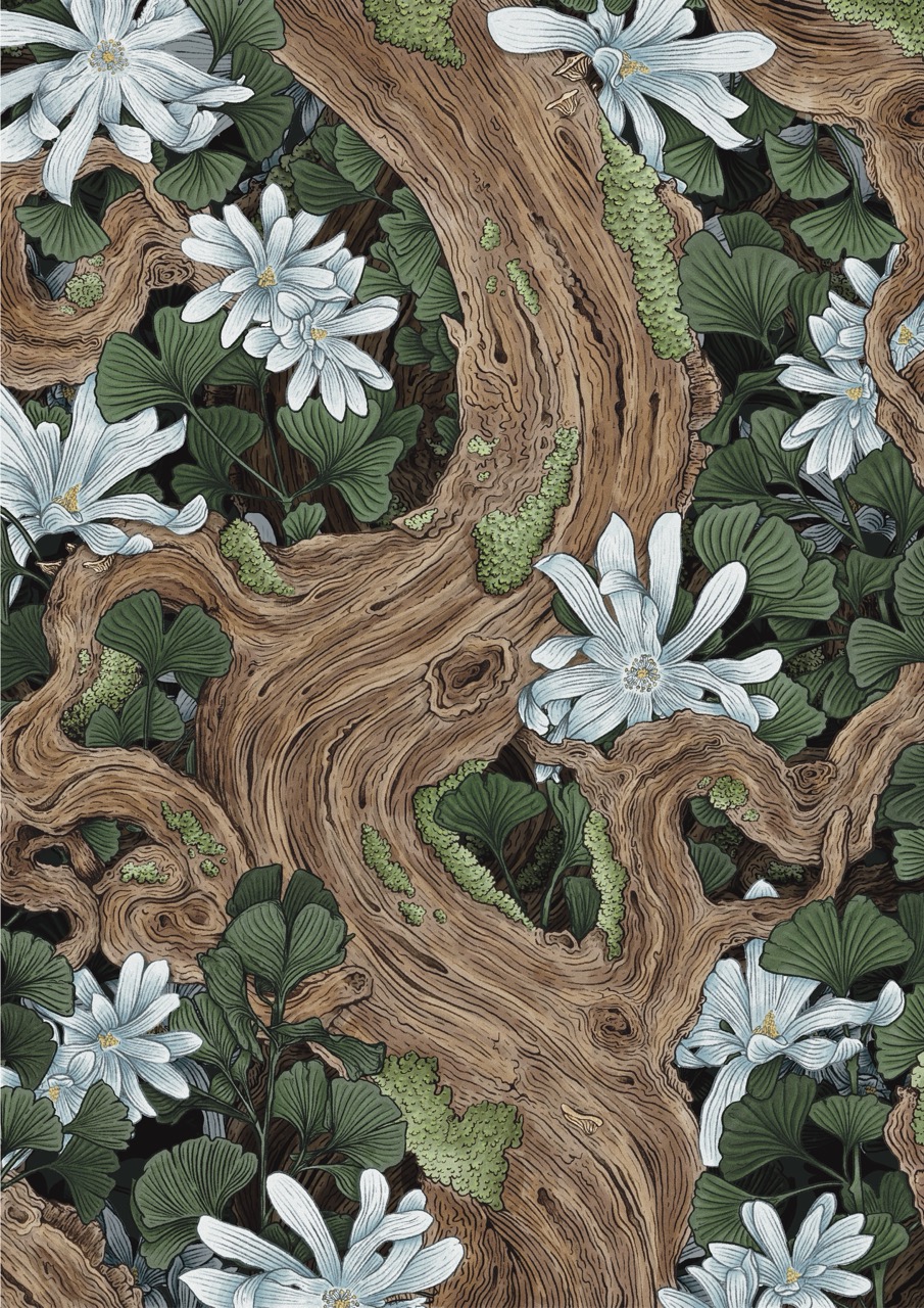 A winding tree trunk with textured wood grain runs through dense green foliage and pale blue-white flowers.
