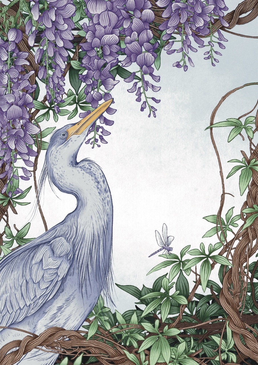 A blue heron stands among green vines and purple wisteria blossoms, with a small dragonfly near the centre.
