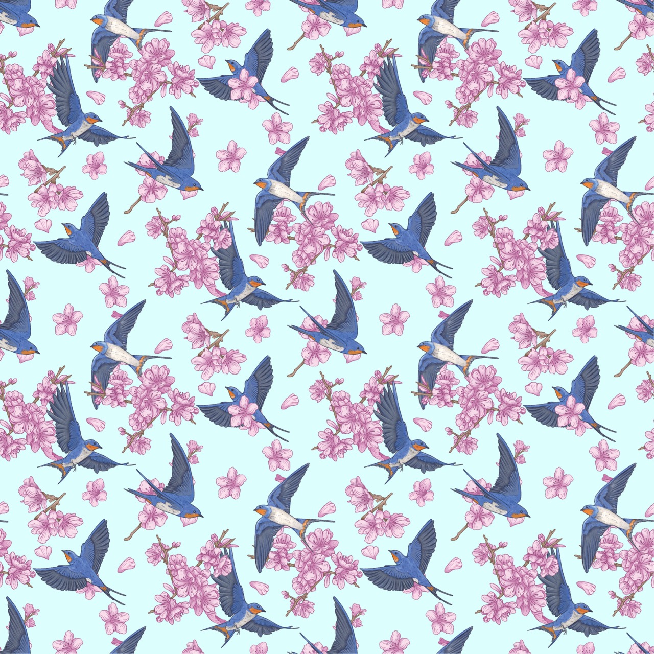A seamless pattern of blue swallows flying among pink cherry blossom clusters on a pale blue background.