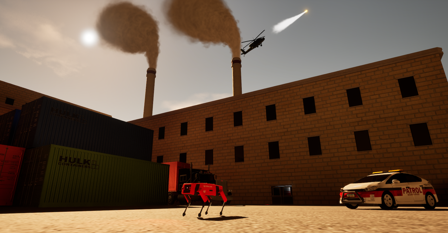 3D rendered scene with brown brick buildings, helicopter overhead, vehicles on courtyard ground, overcast sky with smoke plumes.