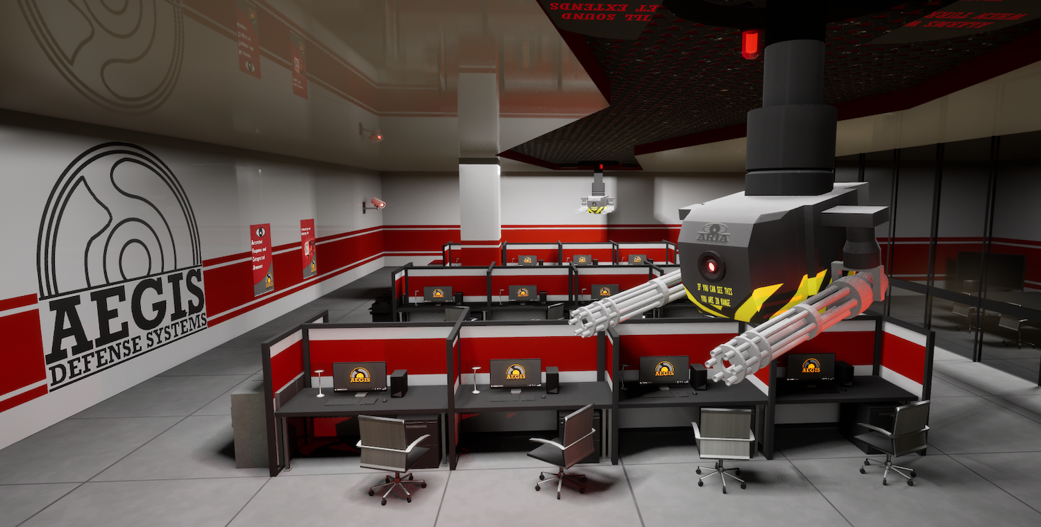 Modern office space with red and grey geometric ceiling panels, tiered seating areas with red upholstery, and industrial ventilation ducts.