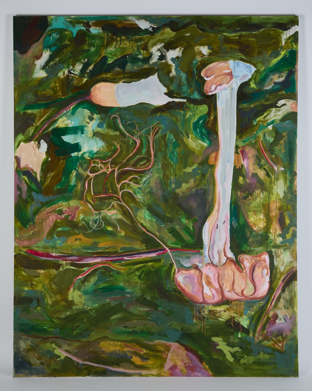 An abstract painting featuring fluid shapes and organic forms in a palette of greens, pinks, and browns. The composition includes elongated and bulbous elements that intertwine against a textured background.