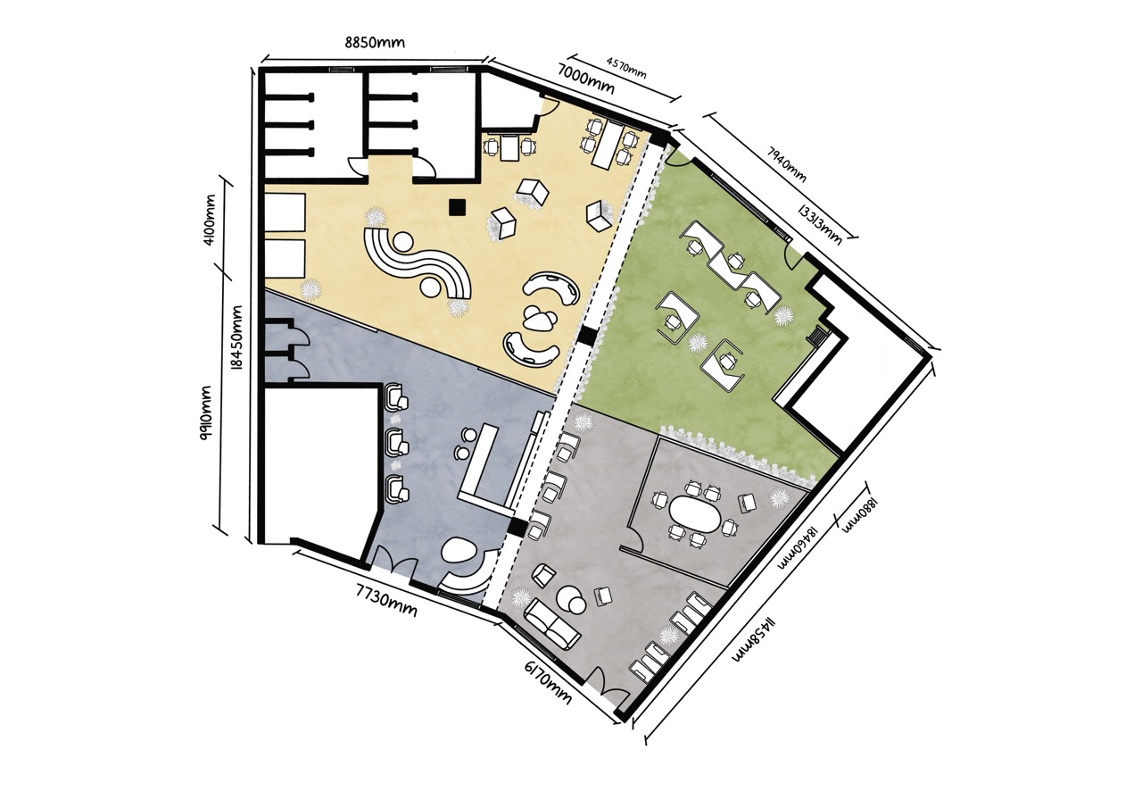 A floor plan of a multi-purpose space divided into three sections: an office area in the top left, a lounge in the top right, and a dining area at the bottom. Each section is labelled and contains various seating arrangements and pathways.
