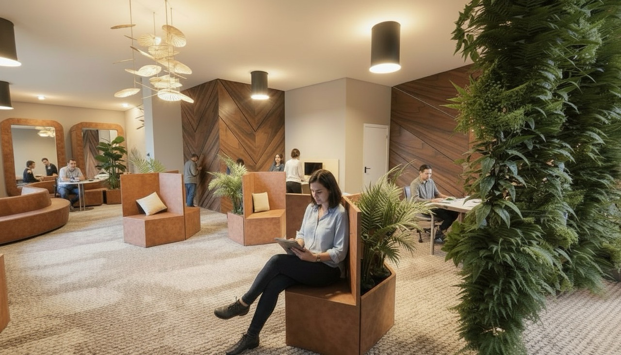 An interior workspace featuring several seating arrangements, including two lounge areas with brown couches. A woman sits in a planter seat, using a device, while others work at desks. The room has warm lighting and greenery integrated into the decor.
