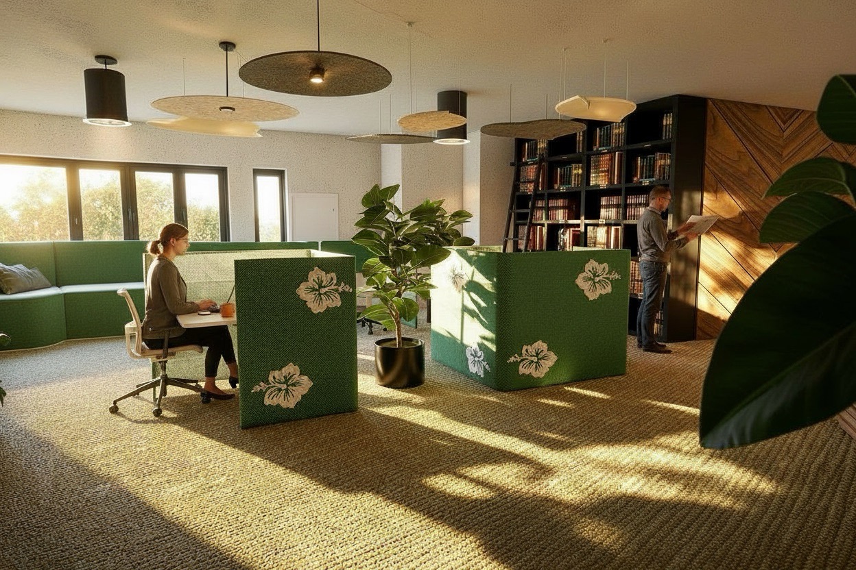 A modern office space featuring two green cubicles with floral designs. One woman works at a desk in a cubicle, while a man browses books on a shelf against a wood-accented wall. The room is illuminated by natural light coming through large windows.