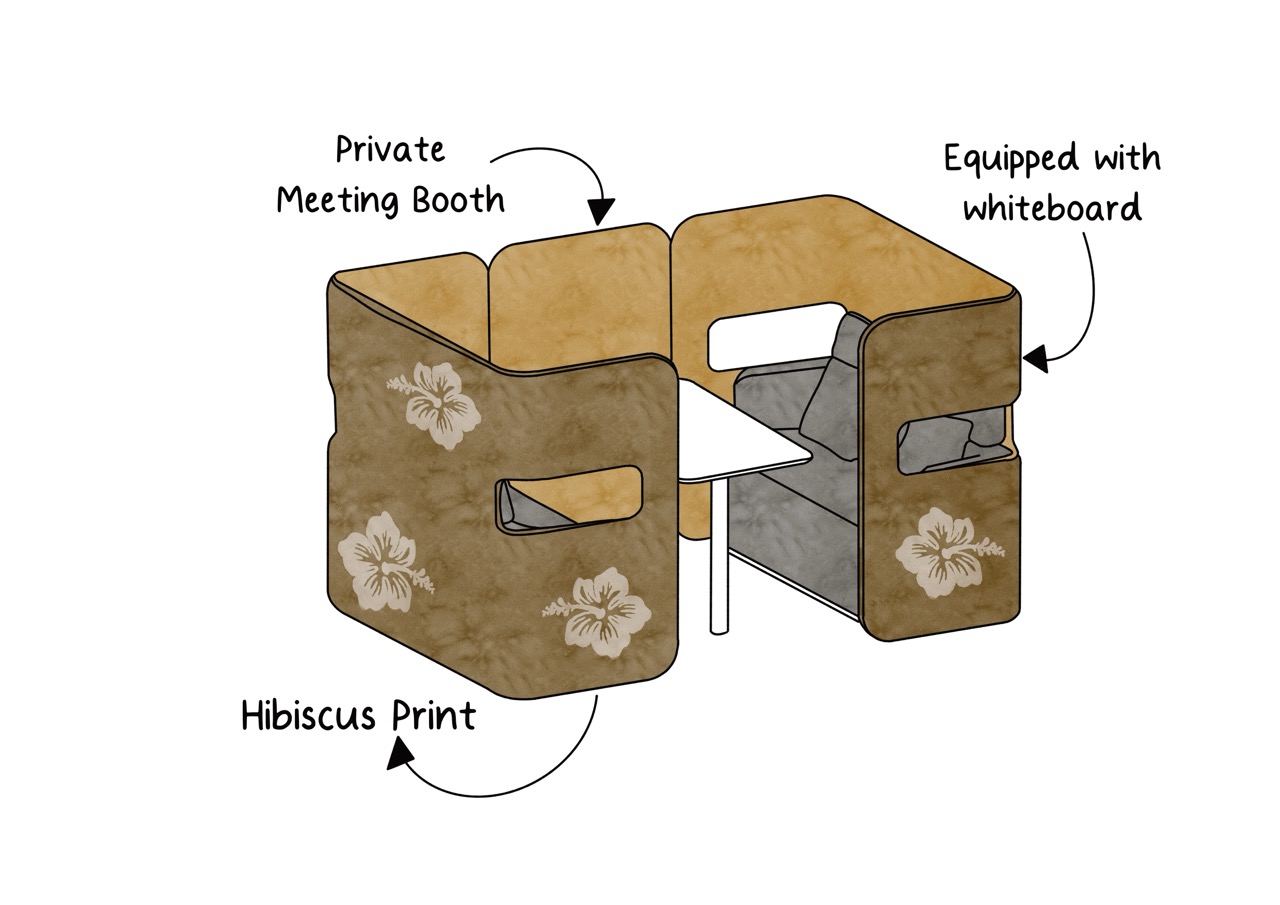 A private meeting booth with an open design, featuring a hibiscus print on its sides. The booth includes a central table and is equipped with a whiteboard for presentations and brainstorming.