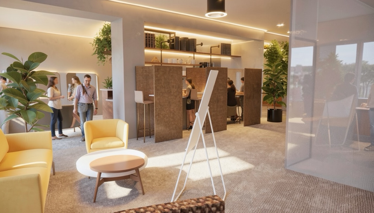 An inviting office space featuring a yellow armchair, a coffee table, and potted plants. In the background, several people are engaged in conversation near wooden cubicles. Bright light illuminates the room from ceiling fixtures and large windows.