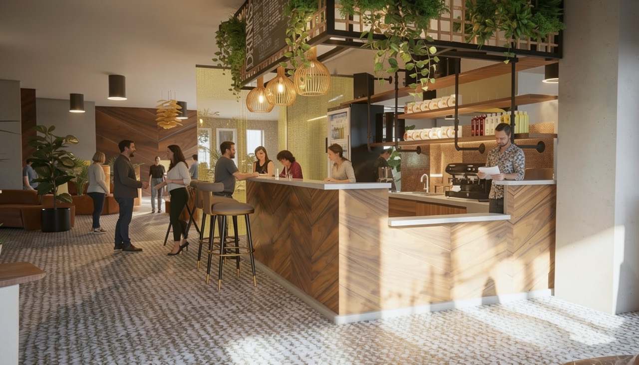 An interior view of a modern café featuring a counter with a barista preparing drinks. Customers are gathered at the counter and some are seated at tables. The space is decorated with hanging plants and wooden accents, illuminated by natural light.